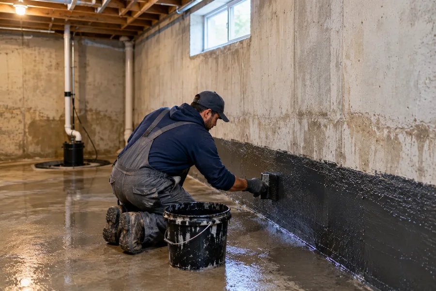 Basement waterproofing contractor installing a drainage system in Alexandria VA